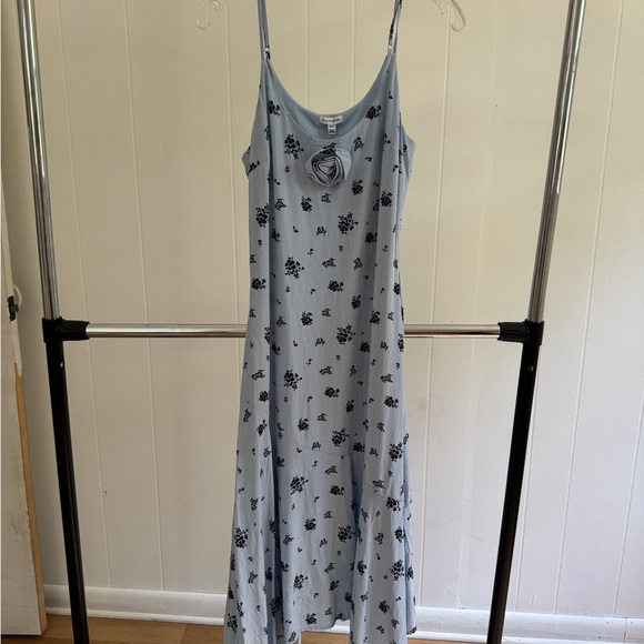 love, Fire Dresses & Skirts - Light Blue Dress with Navy Floral Pattern and Rosette Detail